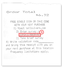 The 15 character survey code can be found near the bottom of your receipt, under enter survey code.